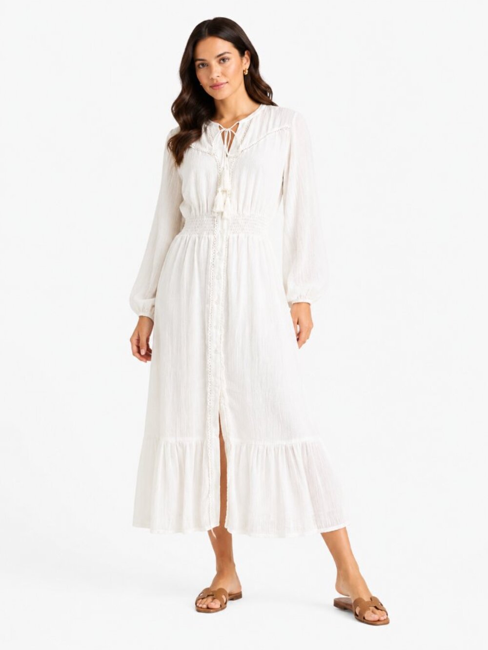 LOST + WANDER WHITE TEXTURED BUTTON FRONT SMOCKED WAIST TASSEL MAXI DRESS - S